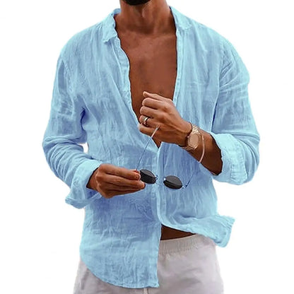 Men Shirts- Men Lightweight Summer Shirt in Cotton-Linen- Blue- IndioGear.com