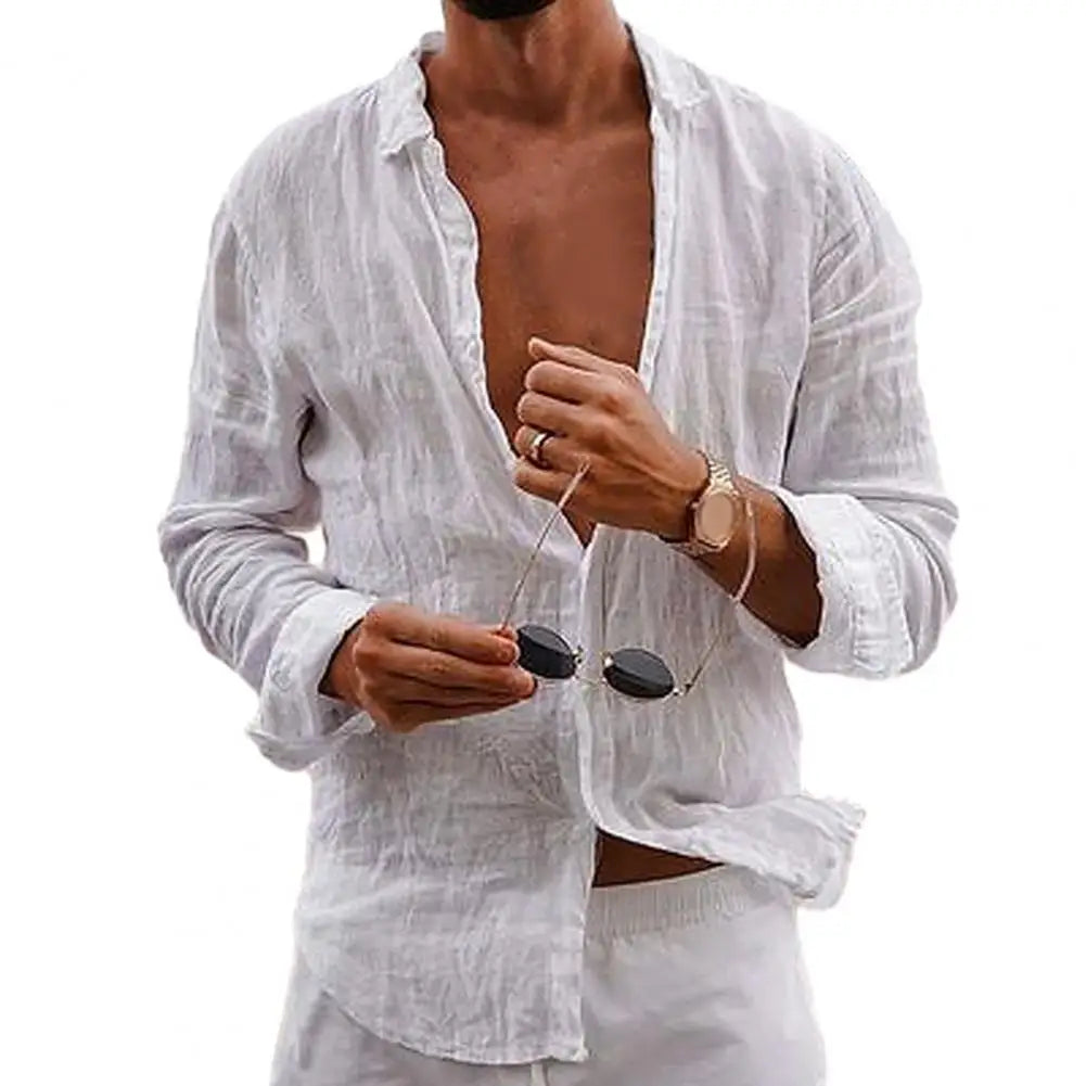 Men Shirts- Men Lightweight Summer Shirt in Cotton-Linen- White- IndioGear.com