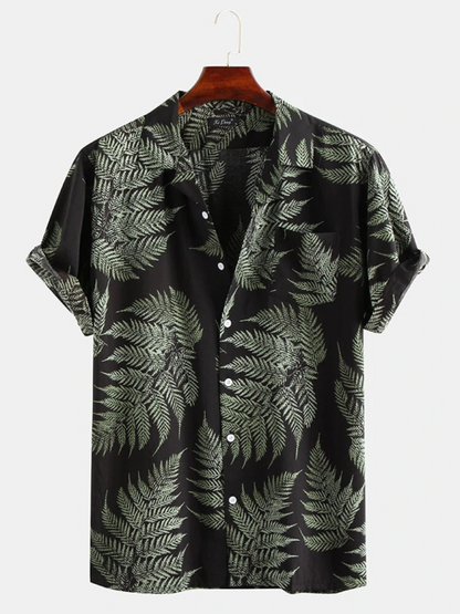 Men Shirts- Men's Cotton Hawaiian Shirt with Notch Lapel- Black- IndioGear.com