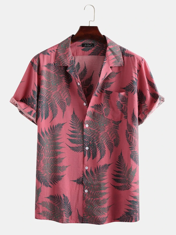 Men Shirts- Men's Cotton Hawaiian Shirt with Notch Lapel- Pink- IndioGear.com