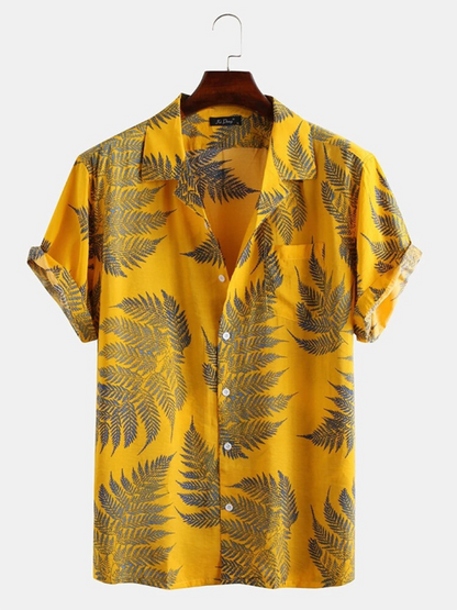 Men Shirts- Men's Cotton Hawaiian Shirt with Notch Lapel- Yellow- IndioGear.com