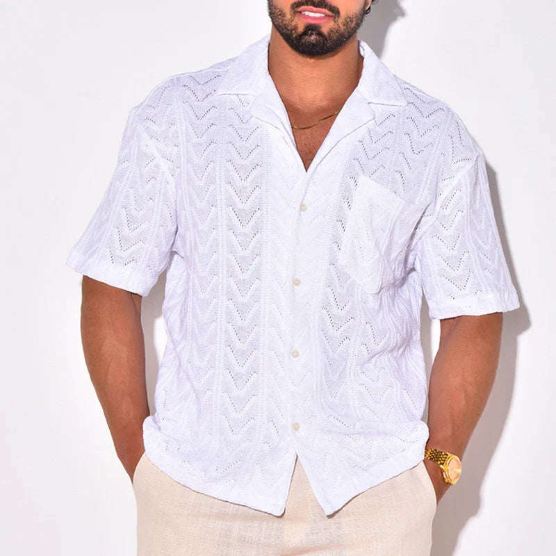 Men Shirts- Men's Eyelet Zigzag Knit Shirts for Casual Outings- White- IndioGear.com