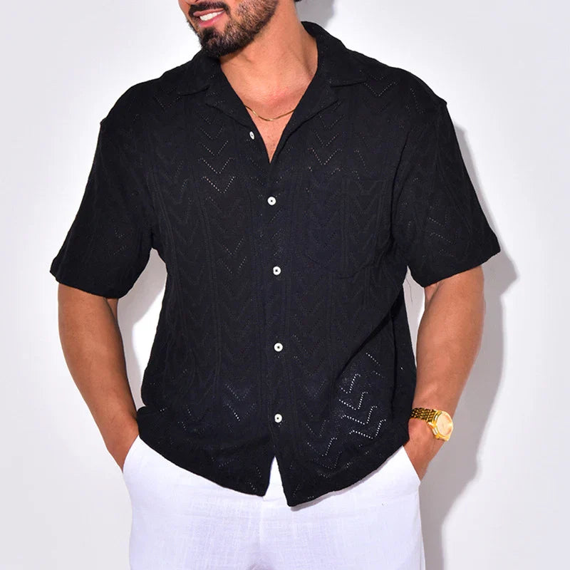 Men Shirts- Men's Eyelet Zigzag Knit Shirts for Casual Outings- Black- IndioGear.com