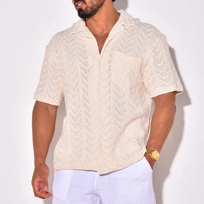 Men Shirts- Men's Eyelet Zigzag Knit Shirts for Casual Outings- Cream- IndioGear.com