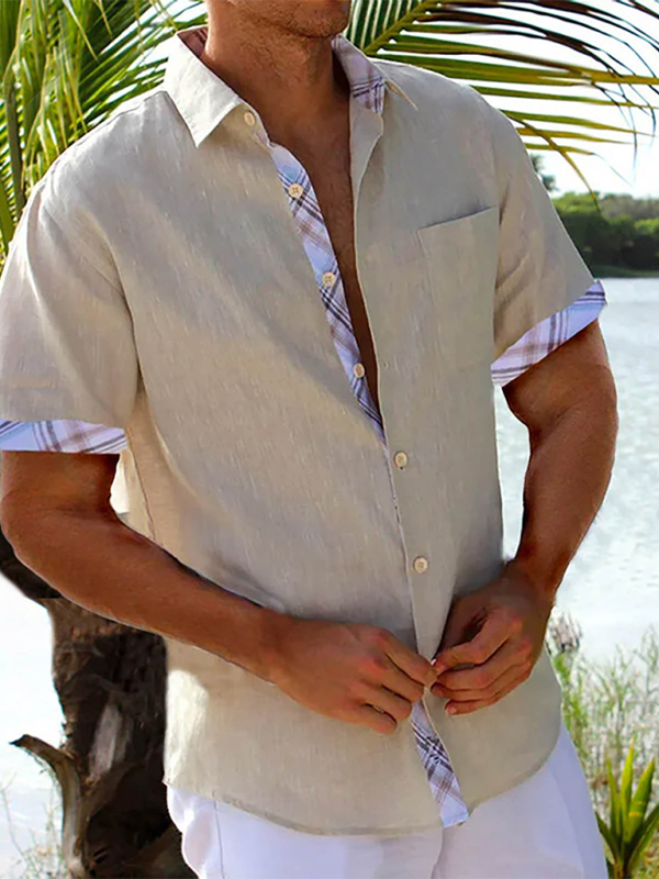 Men Shirts- Men's Short-Sleeve Linen Blend Shirt- Khaki- IndioGear.com