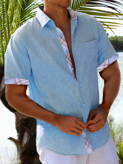 Men Shirts- Men's Short-Sleeve Linen Blend Shirt- Blue- IndioGear.com