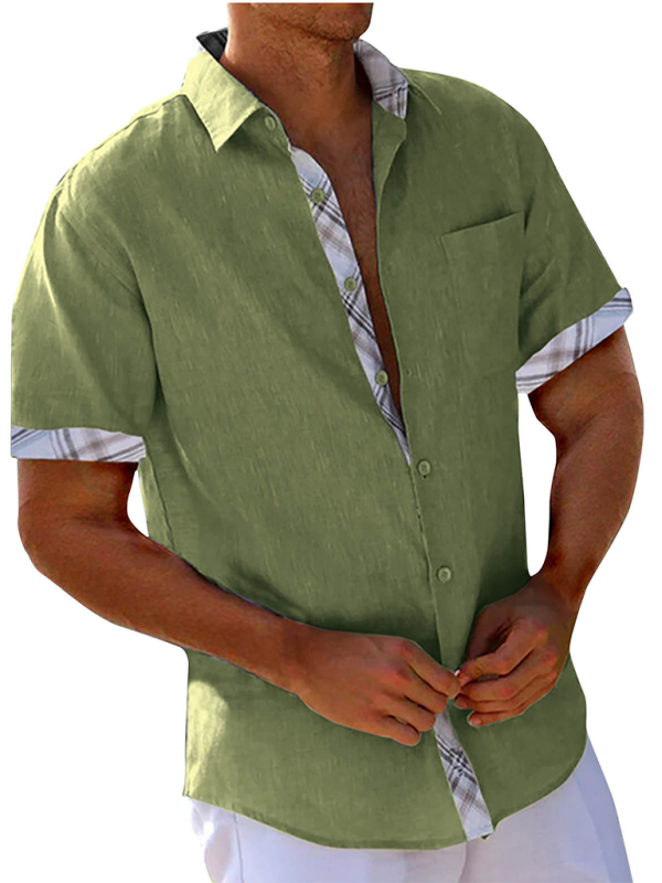 Men Shirts- Men's Short-Sleeve Linen Blend Shirt- Green- IndioGear.com