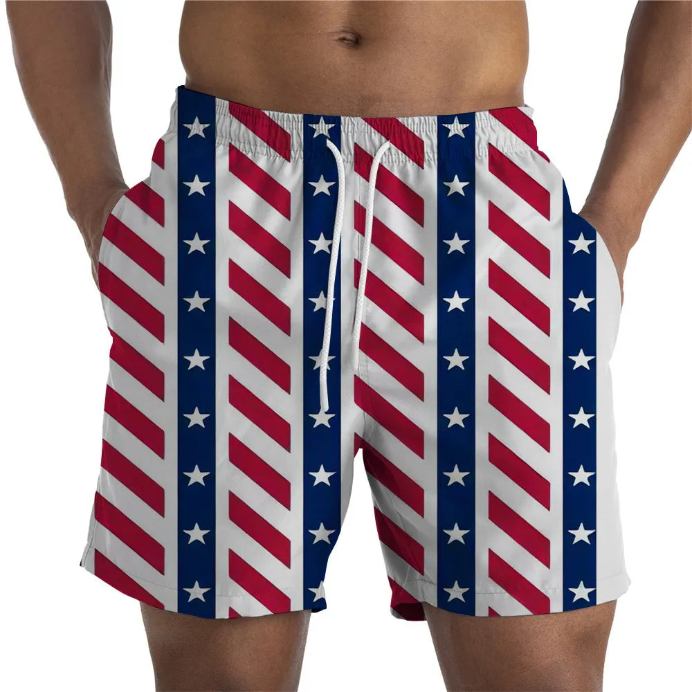 Men Shorts- Men's American Flag Swim Shorts for Summer Celebrations- Stripe Print- IndioGear Fashion and Gear