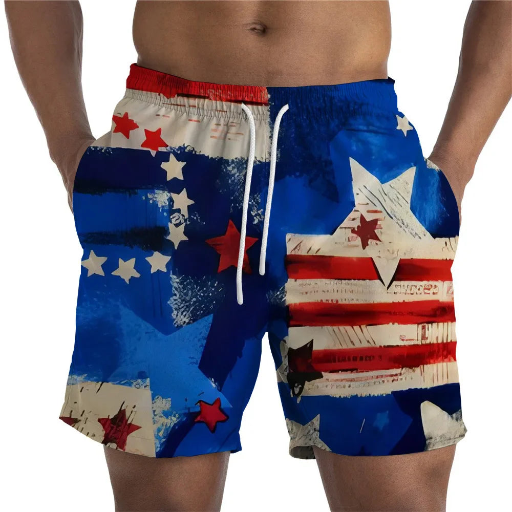 Men Shorts- Men's American Flag Swim Shorts for Summer Celebrations- Blue Red- IndioGear Fashion and Gear