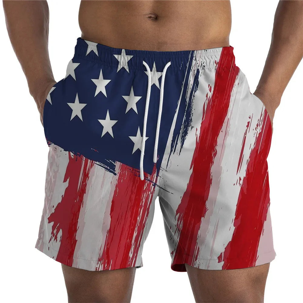 Men Shorts- Men's American Flag Swim Shorts for Summer Celebrations- Red- IndioGear Fashion and Gear