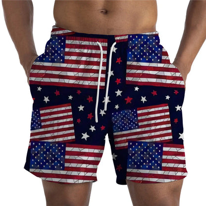 Men Shorts- Men's American Flag Swim Shorts for Summer Celebrations- Black Red- IndioGear Fashion and Gear