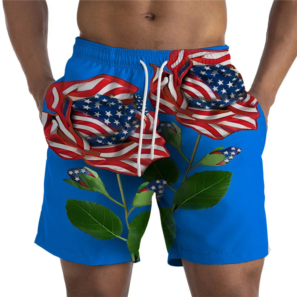 Men Shorts- Men's American Flag Swim Shorts for Summer Celebrations- Electric Blue- IndioGear Fashion and Gear