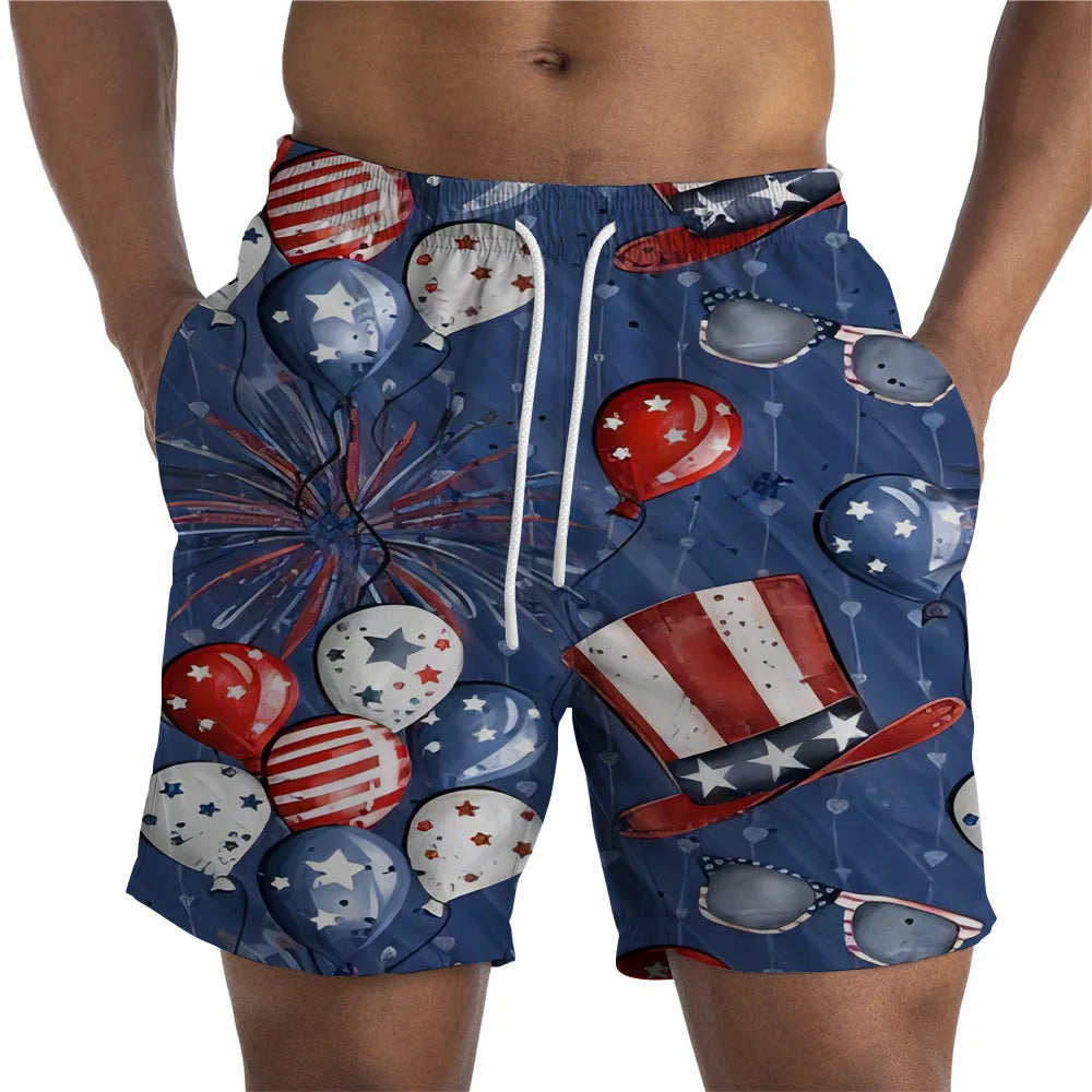 Men Shorts- Men's American Flag Swim Shorts for Summer Celebrations- Blue 2- IndioGear Fashion and Gear