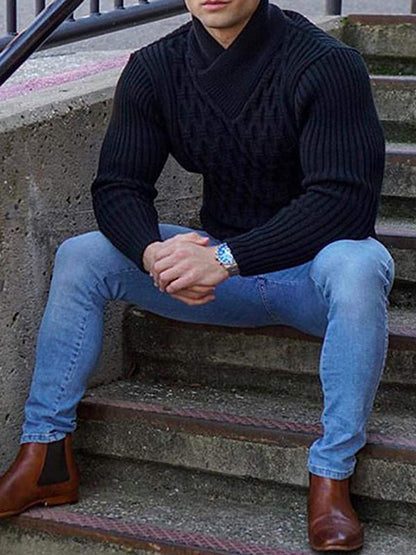 Men Sweaters- Chain-link & Ribs Knit Shawl Collar Fitted Sweater- Black- IndioGear.com