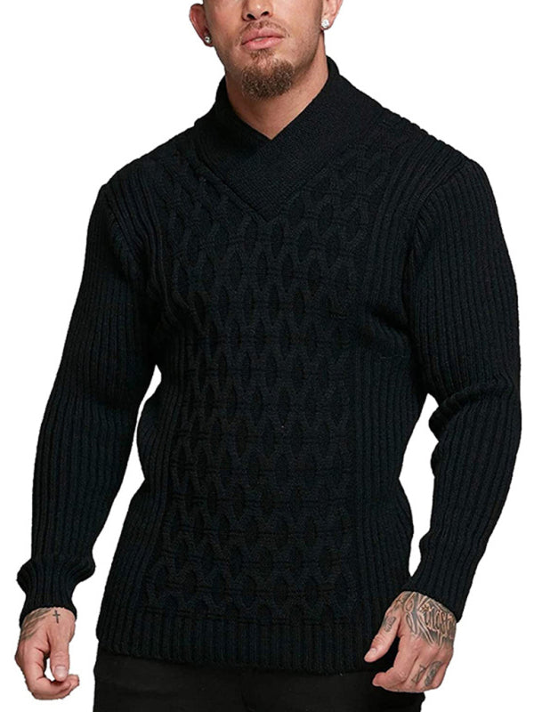 Men Sweaters- Chain-link & Ribs Knit Shawl Collar Fitted Sweater- - IndioGear.com