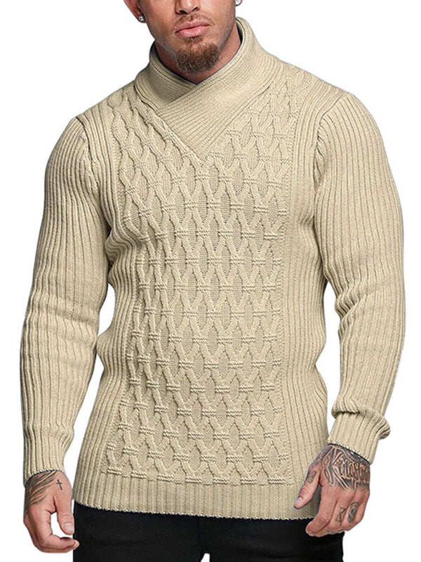 Men Sweaters- Chain-link & Ribs Knit Shawl Collar Fitted Sweater- - IndioGear.com