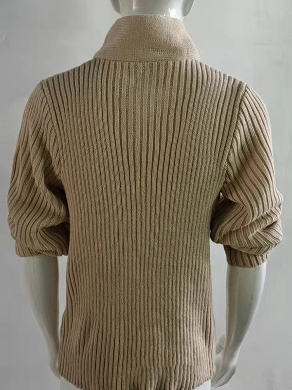 Men Sweaters- Chain-link & Ribs Knit Shawl Collar Fitted Sweater- - IndioGear.com