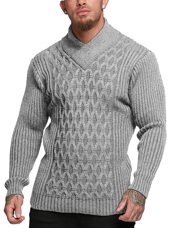 Men Sweaters- Chain-link & Ribs Knit Shawl Collar Fitted Sweater- - IndioGear.com