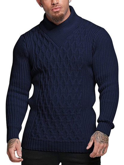 Men Sweaters- Chain-link & Ribs Knit Shawl Collar Fitted Sweater- - IndioGear.com