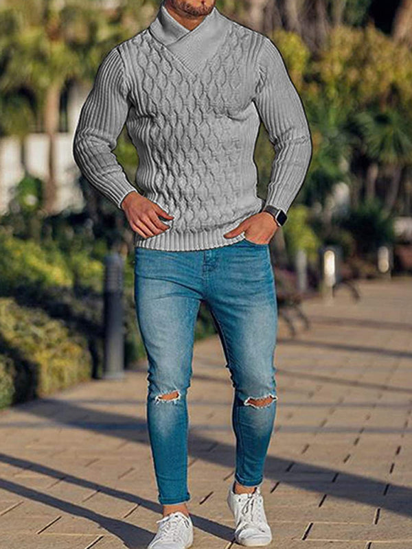 Men Sweaters- Chain-link & Ribs Knit Shawl Collar Fitted Sweater- Grey- IndioGear.com