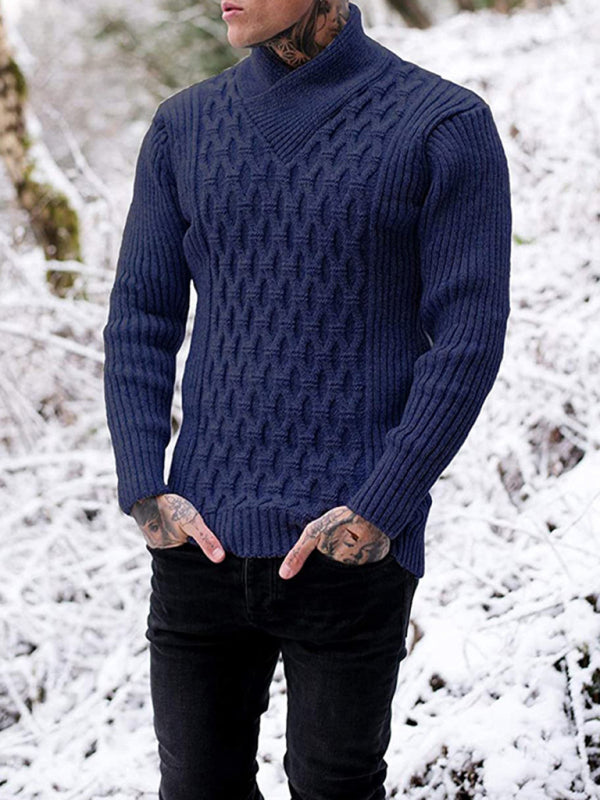 Men Sweaters- Chain-link & Ribs Knit Shawl Collar Fitted Sweater- Blue- IndioGear.com