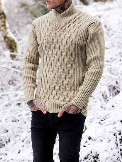 Men Sweaters- Chain-link & Ribs Knit Shawl Collar Fitted Sweater- Khaki- IndioGear.com