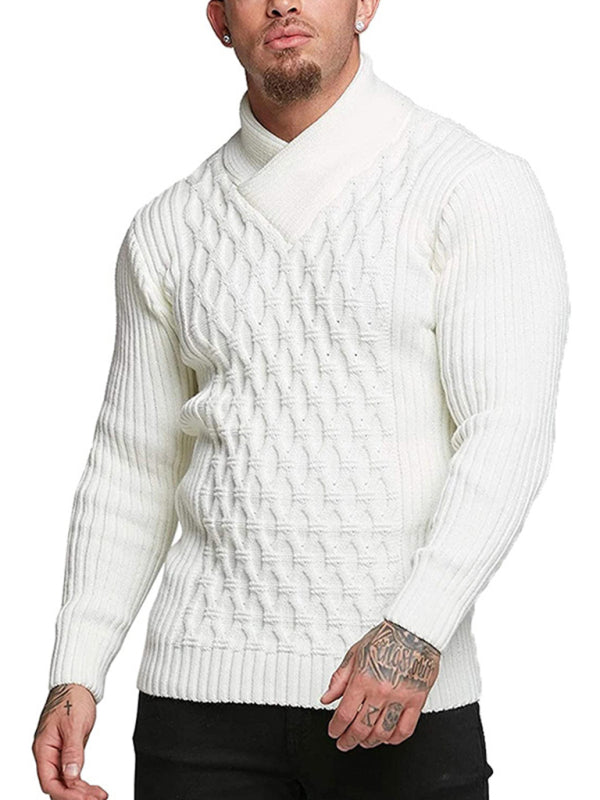 Men Sweaters- Chain-link & Ribs Knit Shawl Collar Fitted Sweater- - IndioGear.com