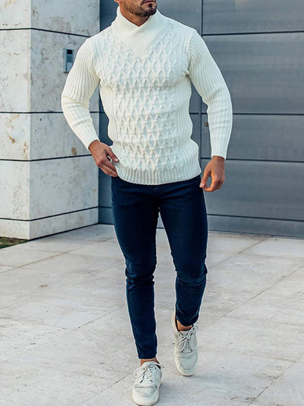 Men Sweaters- Chain-link & Ribs Knit Shawl Collar Fitted Sweater- White- IndioGear.com