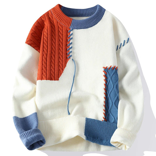 Men Sweaters- Men's Streetwear Patchwork Sweater – Cozy & Stylish Knitwear- Orange- IndioGear.com