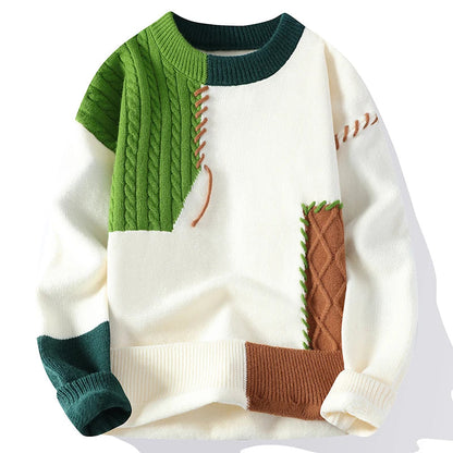 Men Sweaters- Men's Streetwear Patchwork Sweater – Cozy & Stylish Knitwear- Green- IndioGear.com