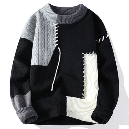 Men Sweaters- Men's Streetwear Patchwork Sweater – Cozy & Stylish Knitwear- Gray- IndioGear.com