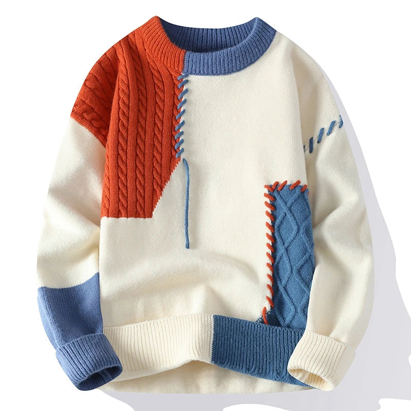 Men Sweaters- Stylish Knit Sweater with Color-Block Details for Men- Orange- IndioGear.com