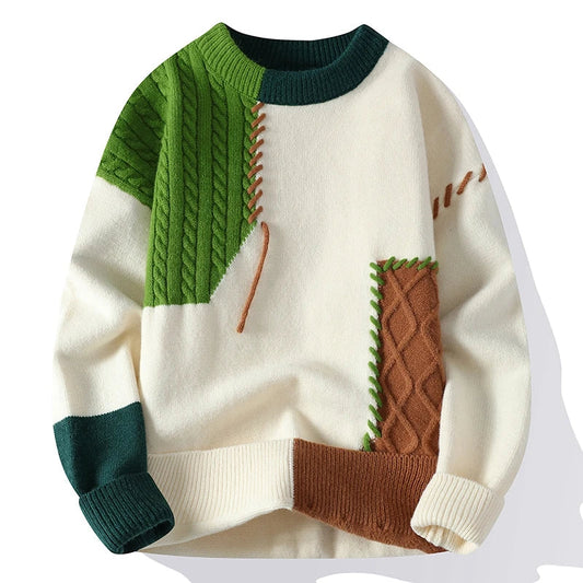 Men Sweaters- Stylish Knit Sweater with Color-Block Details for Men- Green- IndioGear.com