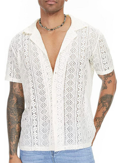 Men Tops- Men's Hollow Knitting Cotton Shirt for Summer- White- IndioGear Fashion and Gear