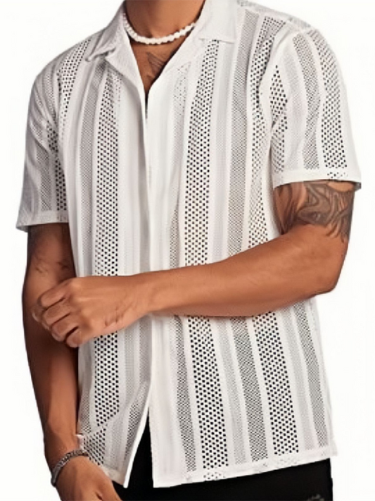 Men Tops- Summer Look Hollow Knitting Button-Up Shirt for Men- White- IndioGear Fashion and Gear