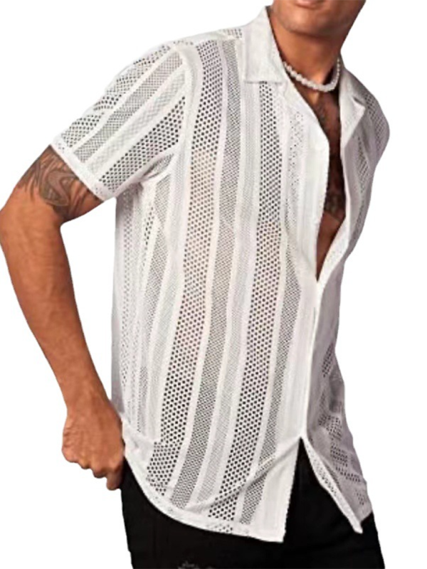 Men Tops- Summer Look Hollow Knitting Button-Up Shirt for Men- - IndioGear Fashion and Gear