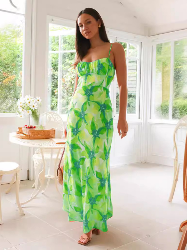 Mermaid Dresses- Floral Women's Summer Mermaid Dress with Cami Straps- Green- IndioGear.com