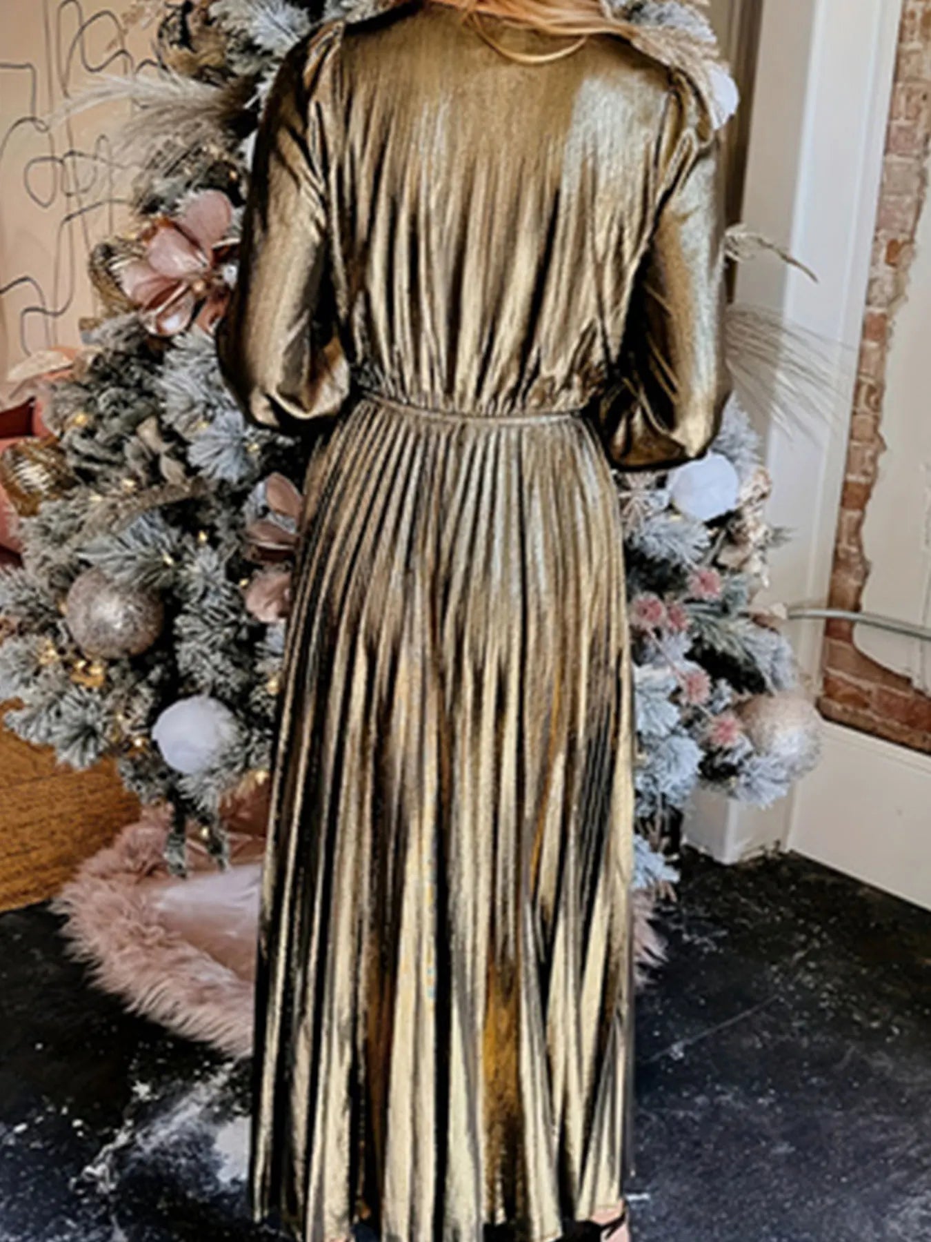 Metallic Dresses- Holiday Pleated Glow Plus Size Metallic Dress- - IndioGear Women Clothing