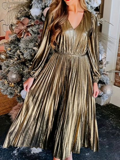 Metallic Dresses- Holiday Pleated Glow Plus Size Metallic Dress- - IndioGear Women Clothing