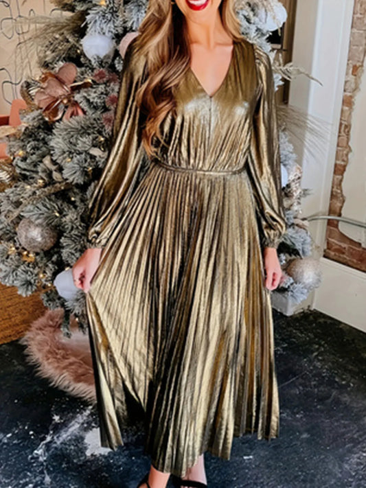 Metallic Dresses- Holiday Pleated Glow Plus Size Metallic Dress- - IndioGear Women Clothing