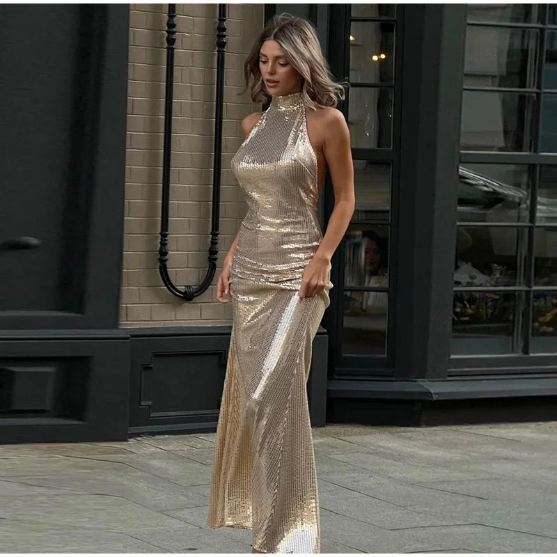 Metallic Maxi Dresses- Formal Chocker Maxi Dress for Black-Tie Events 🎩- - IndioGear Women Clothing