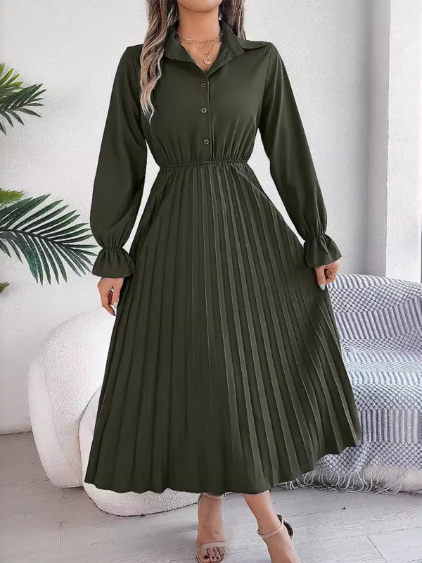 Midi Dress- Shirt Pleated Midi Dress with Poe Sleeves Church Ready- Olive green- IndioGear.com