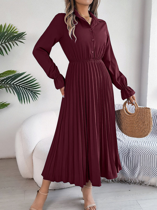 Midi Dress- Shirt Pleated Midi Dress with Poe Sleeves Church Ready- Wine Red- IndioGear.com