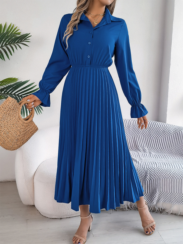 Midi Dress- Shirt Pleated Midi Dress with Poe Sleeves Church Ready- Royal blue- IndioGear.com