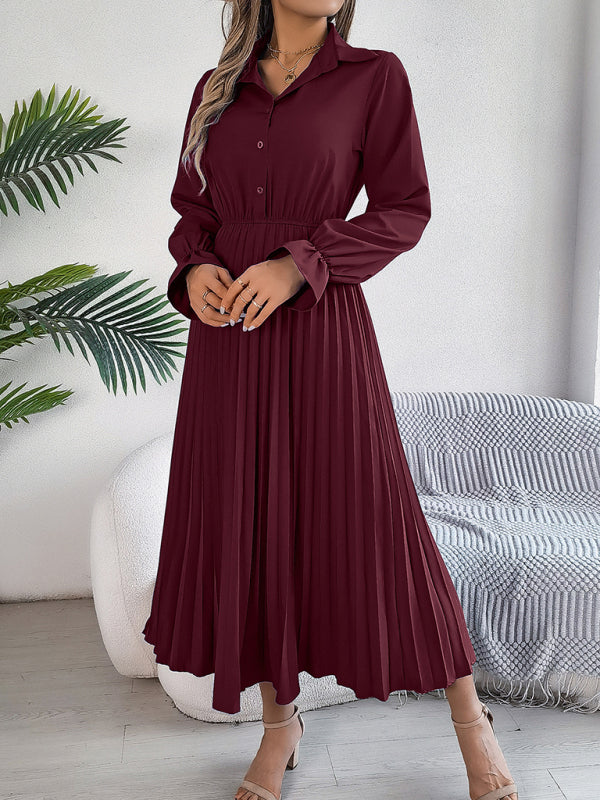 Midi Dress- Shirt Pleated Midi Dress with Poe Sleeves Church Ready- - IndioGear.com