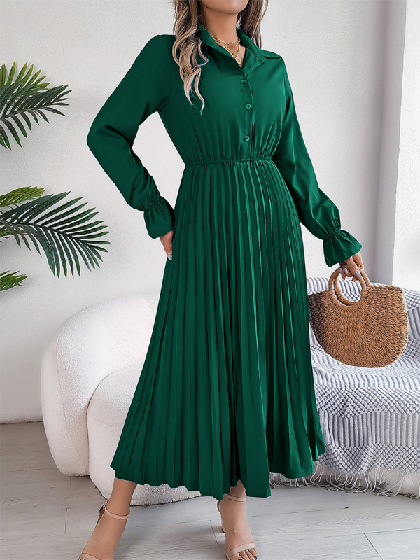 Midi Dress- Shirt Pleated Midi Dress with Poe Sleeves Church Ready- - IndioGear.com