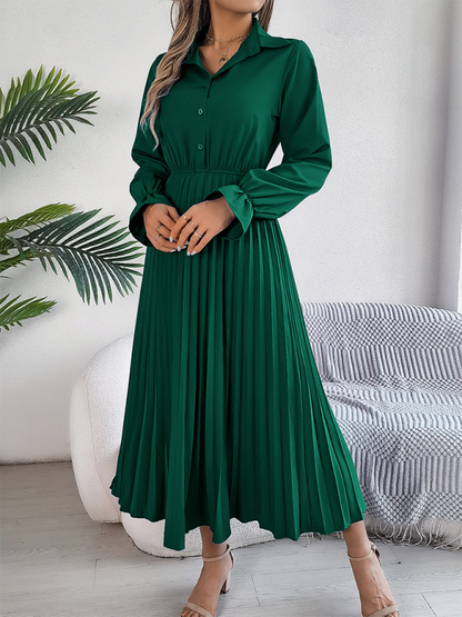 Midi Dress- Shirt Pleated Midi Dress with Poe Sleeves Church Ready- Green black jasper- IndioGear.com