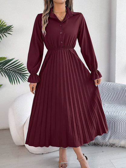 Midi Dress- Shirt Pleated Midi Dress with Poe Sleeves Church Ready- - IndioGear.com