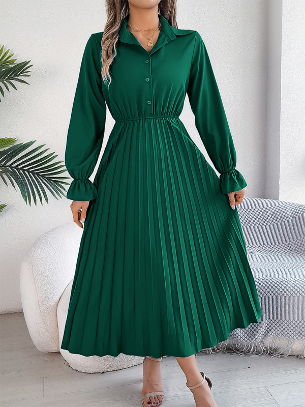 Midi Dress- Shirt Pleated Midi Dress with Poe Sleeves Church Ready- - IndioGear.com