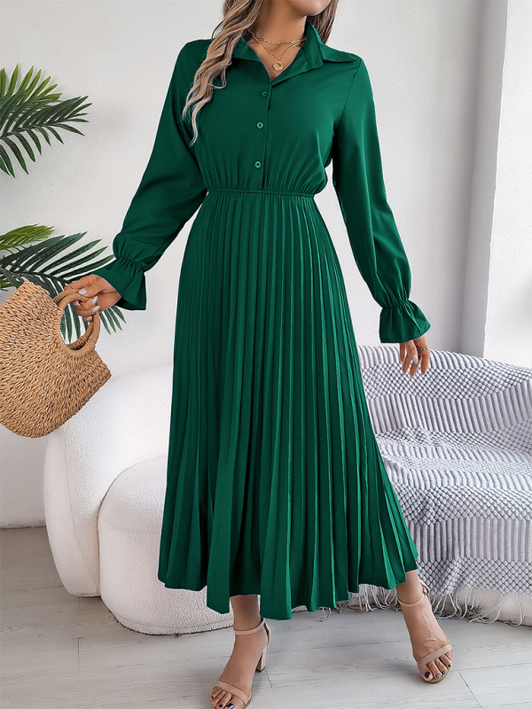 Midi Dress- Shirt Pleated Midi Dress with Poe Sleeves Church Ready- - IndioGear.com